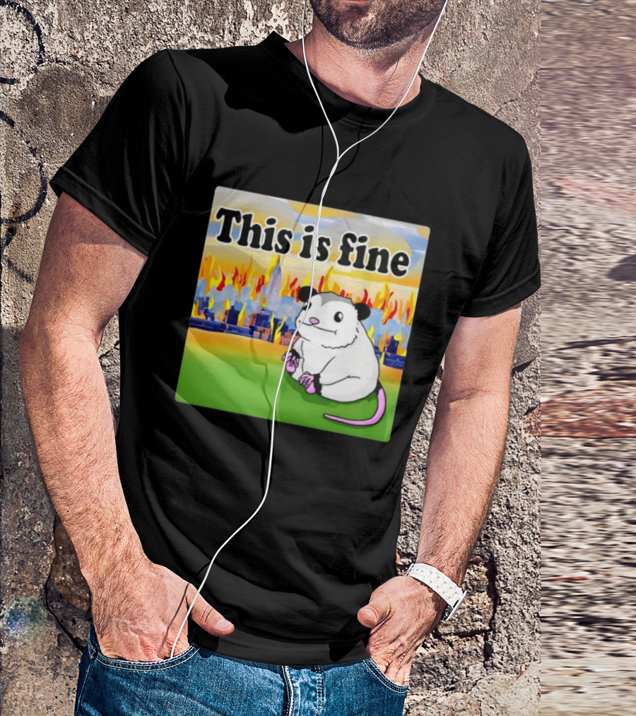 This Is Fine Opossum New York City NYC Urban Skyline Flames T-Shirt