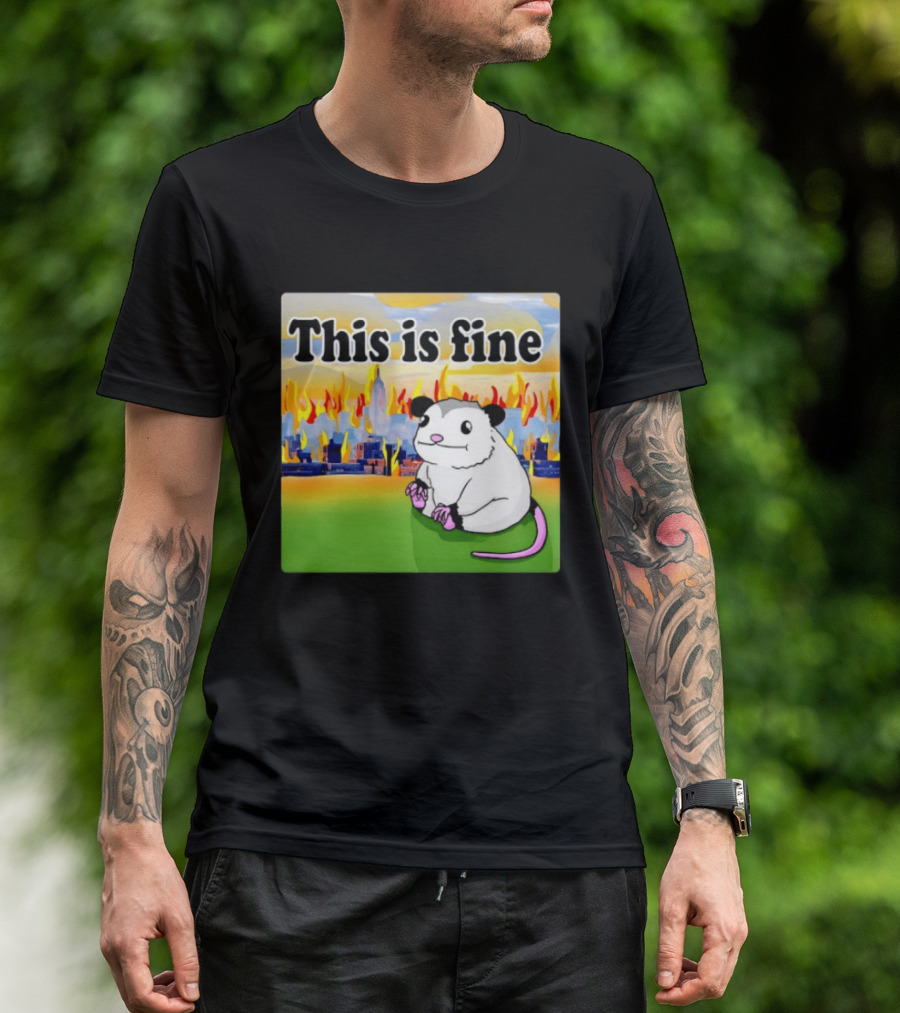 This Is Fine Opossum New York City NYC Urban Skyline Flames T-Shirt