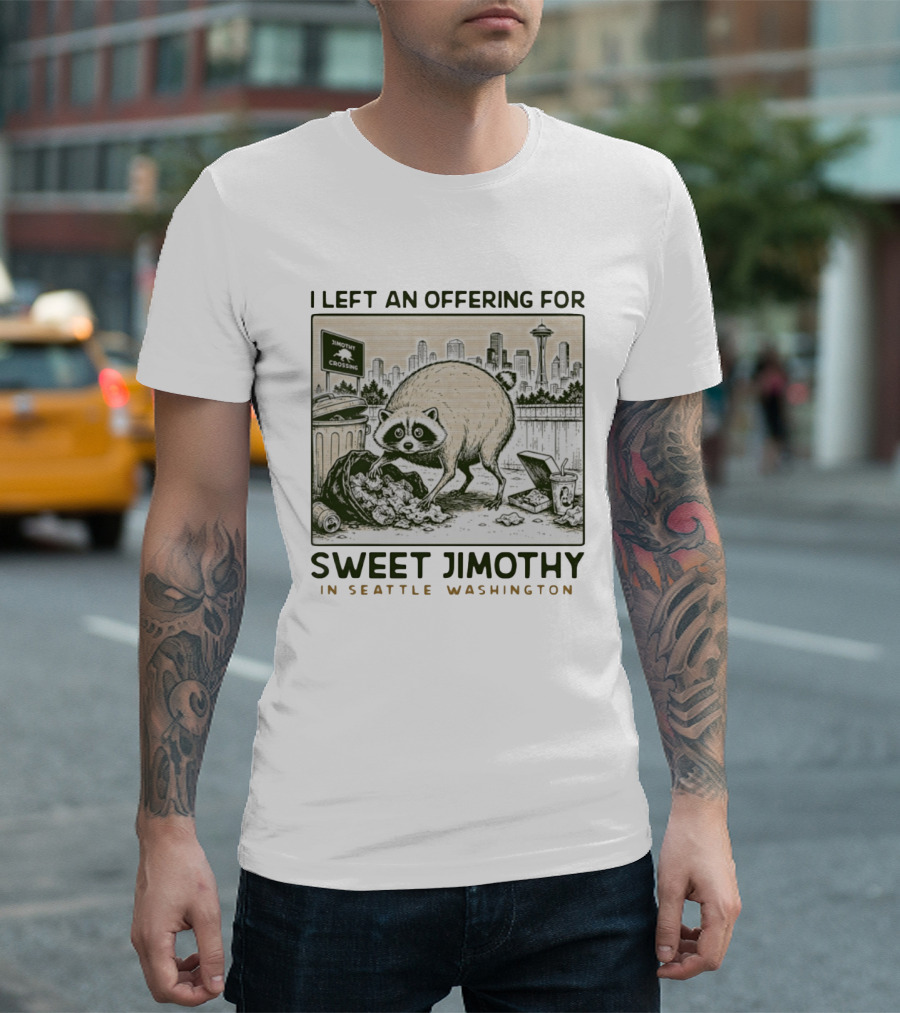 Sweet Jimothy Raccoon Offering In Seattle Washington With City Skyline T-Shirt