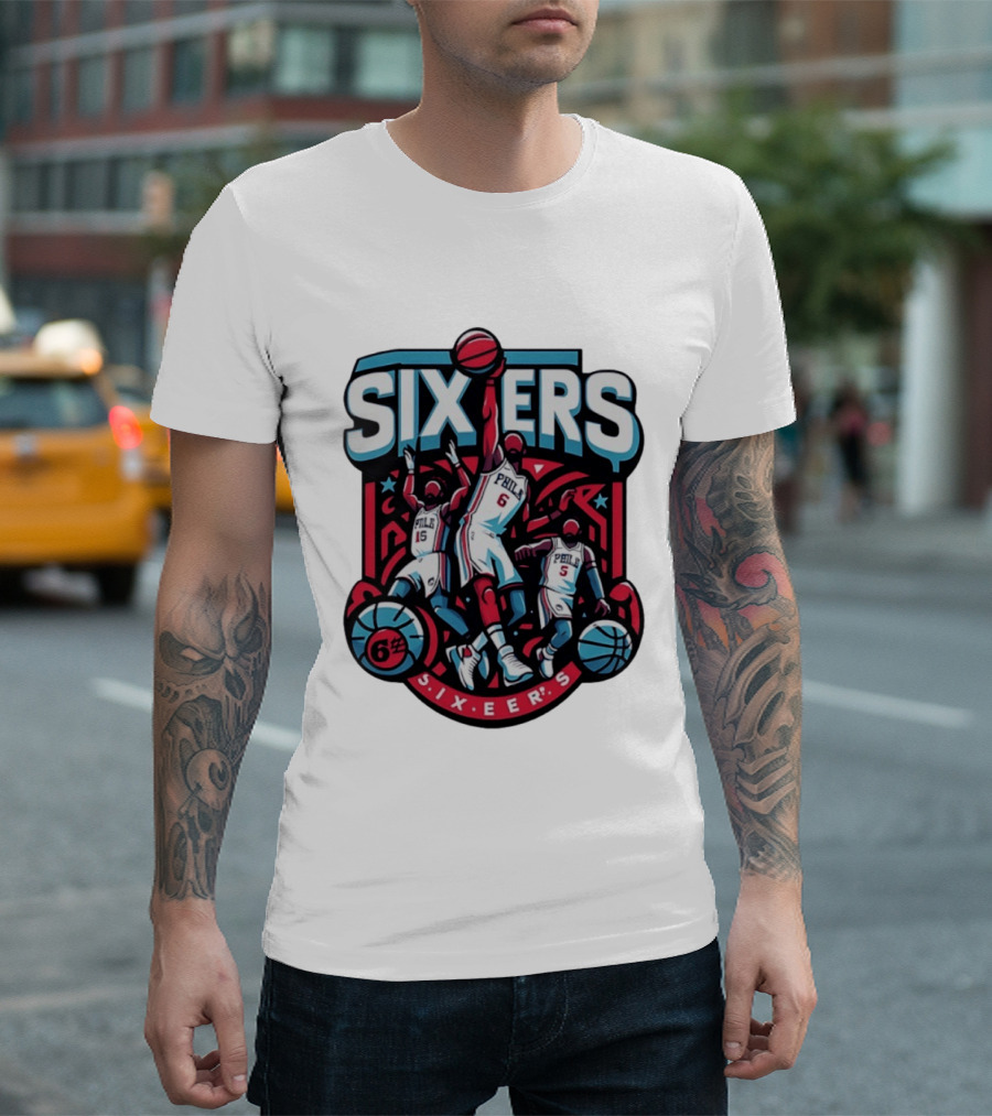 Philadelphia Sixers 2026 NBA Collage Featuring Number 6 Phila Basketball Player T-Shirt