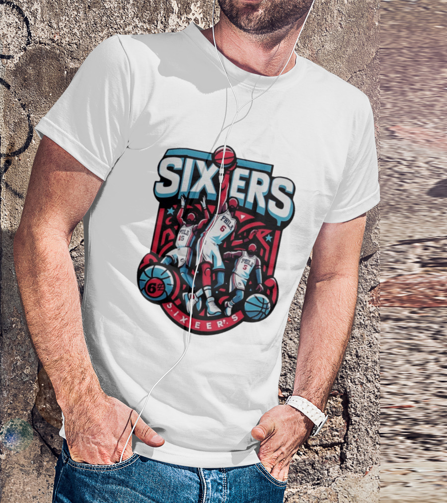 Philadelphia Sixers 2026 NBA Collage Featuring Number 6 Phila Basketball Player T-Shirt