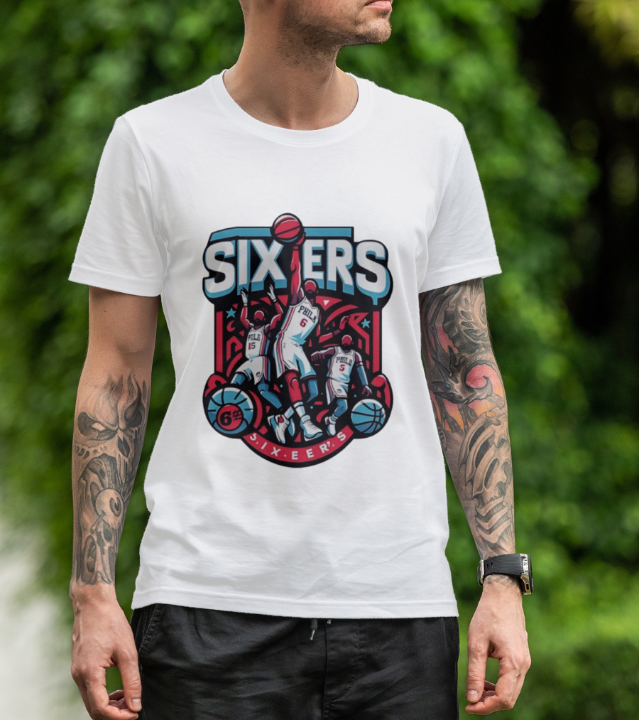 Philadelphia Sixers 2026 NBA Collage Featuring Number 6 Phila Basketball Player T-Shirt
