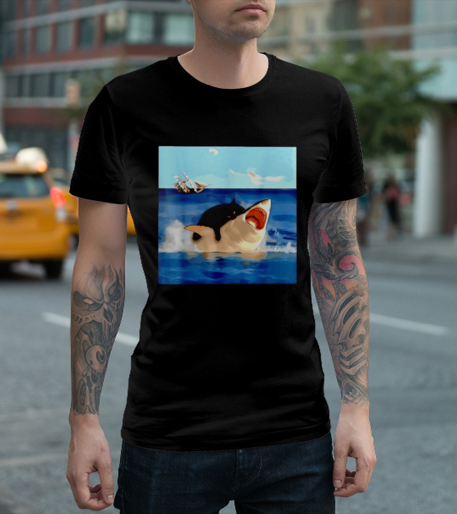 Black Cat Riding Great White Shark With Ocean And Sailing Ship T-Shirt