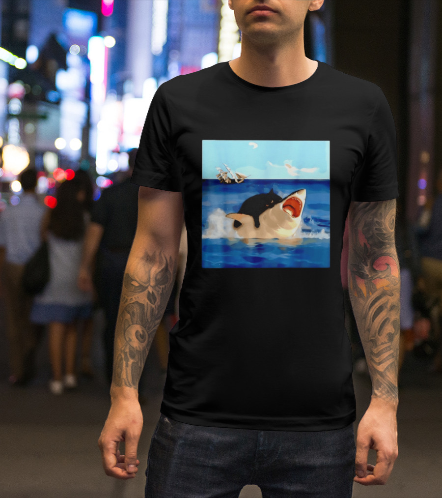 Black Cat Riding Great White Shark With Ocean And Sailing Ship T-Shirt