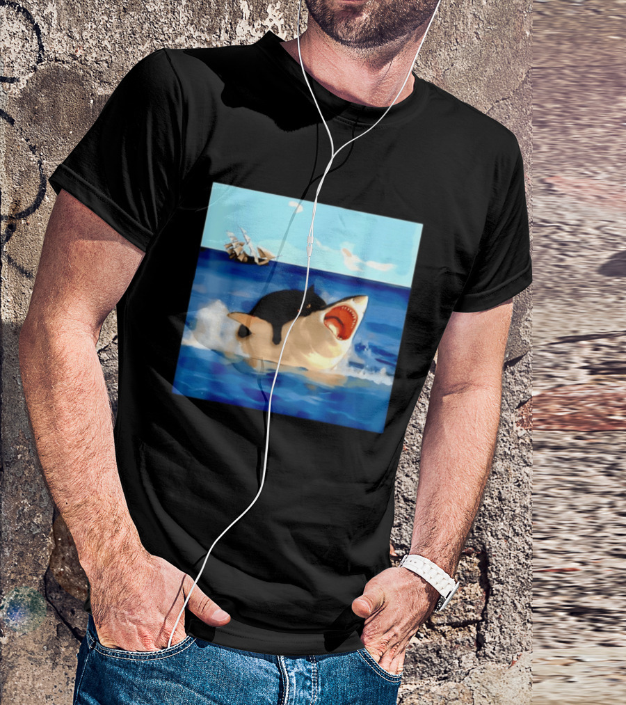 Black Cat Riding Great White Shark With Ocean And Sailing Ship T-Shirt