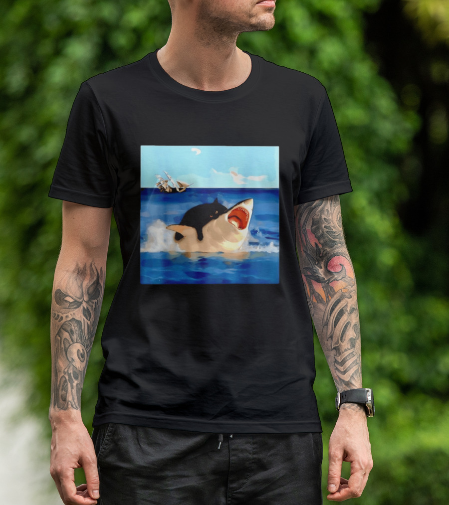 Black Cat Riding Great White Shark With Ocean And Sailing Ship T-Shirt