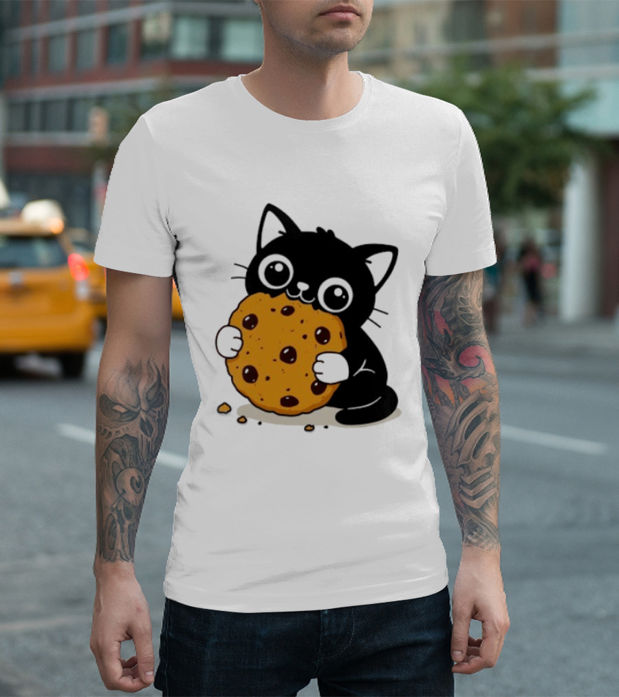 Black Cat Holding Chocolate Chip Cookie T-Shirt
