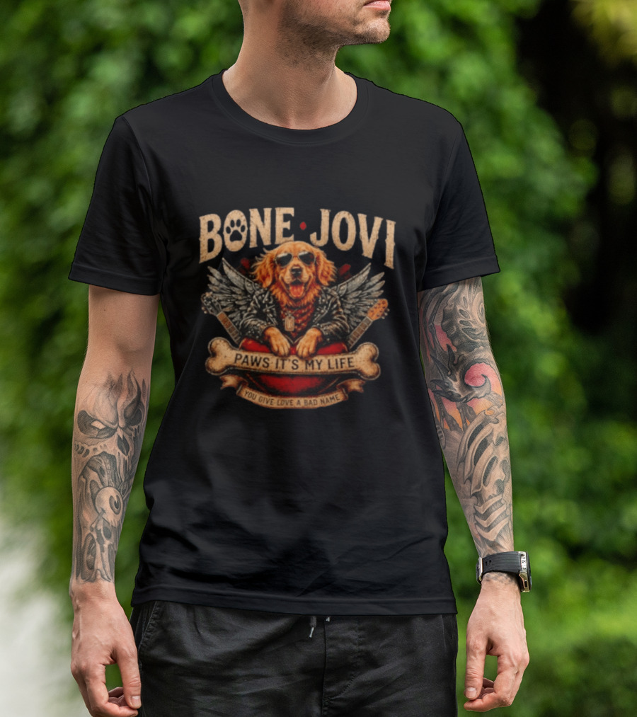 Bone Jovi Paws It's My Life You Give Love A Bad Name Golden Retriever Wings Guitar T-Shirt
