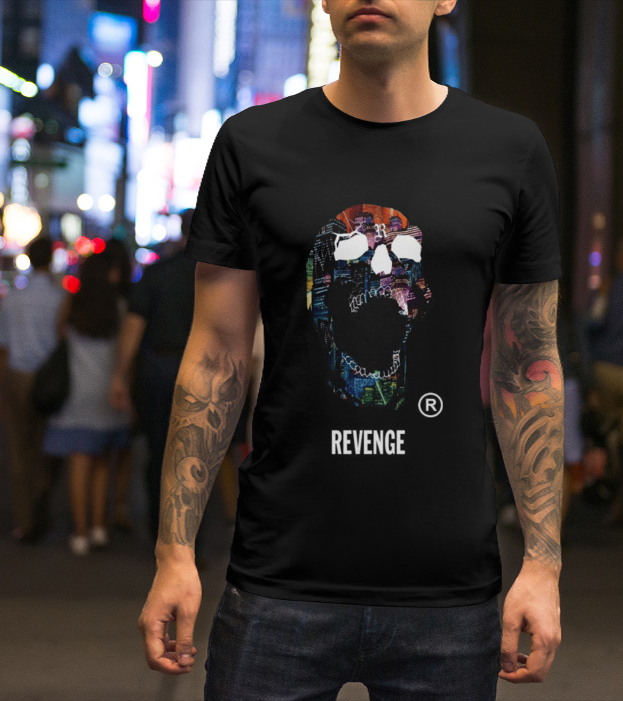 Revenge Neon Skull Cityscape Lights Black T-Shirt