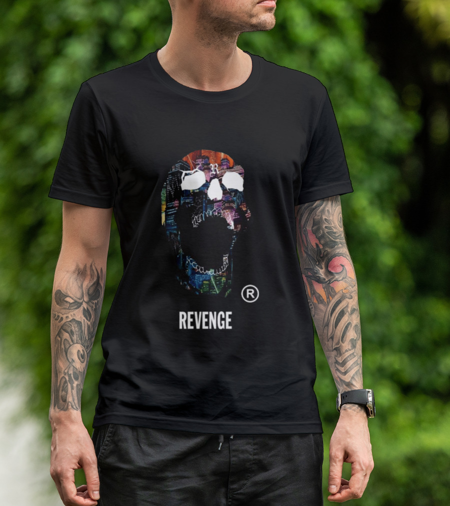 Revenge Neon Skull Cityscape Lights Black T-Shirt