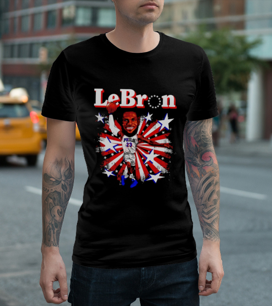 LeBron Stars PH 23 Basketball Caricature 76ers Red White Blue T-Shirt