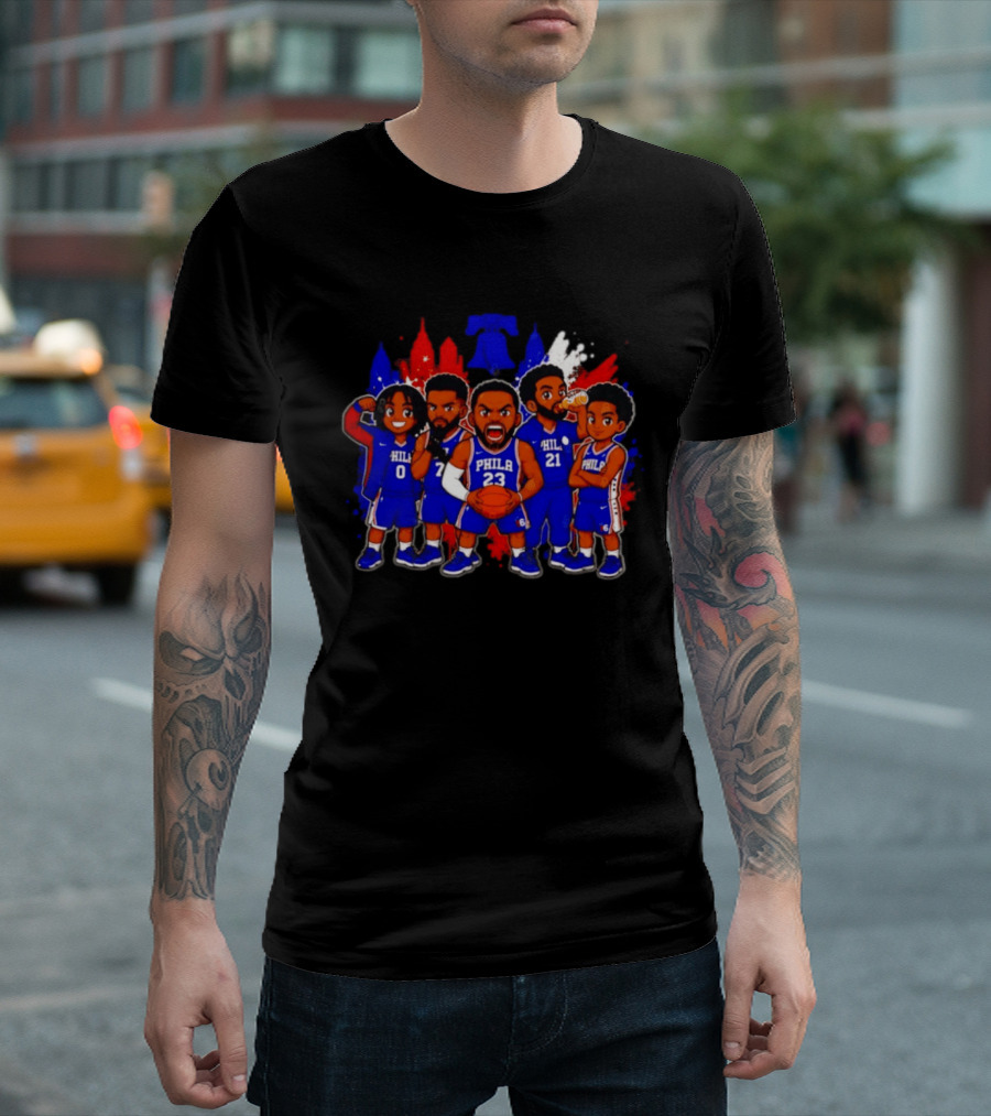Philadelphia 76ers Cartoon Players With Liberty Bell Skyline T-Shirt