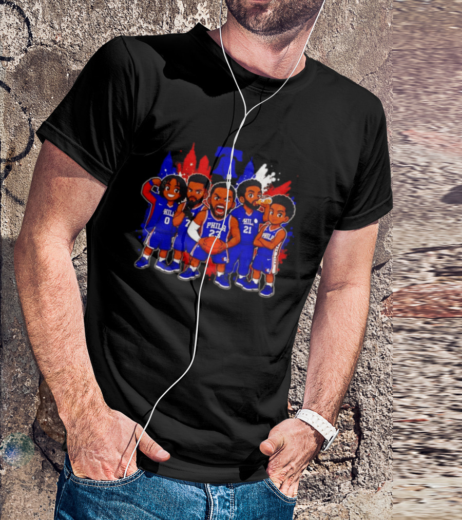 Philadelphia 76ers Cartoon Players With Liberty Bell Skyline T-Shirt