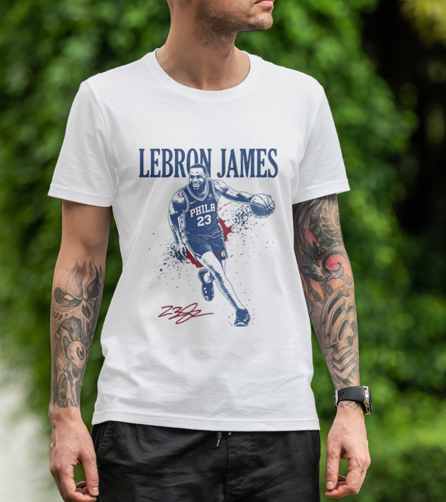 LeBron James 23 Philly Basketball Blue And Red Splash T-Shirt