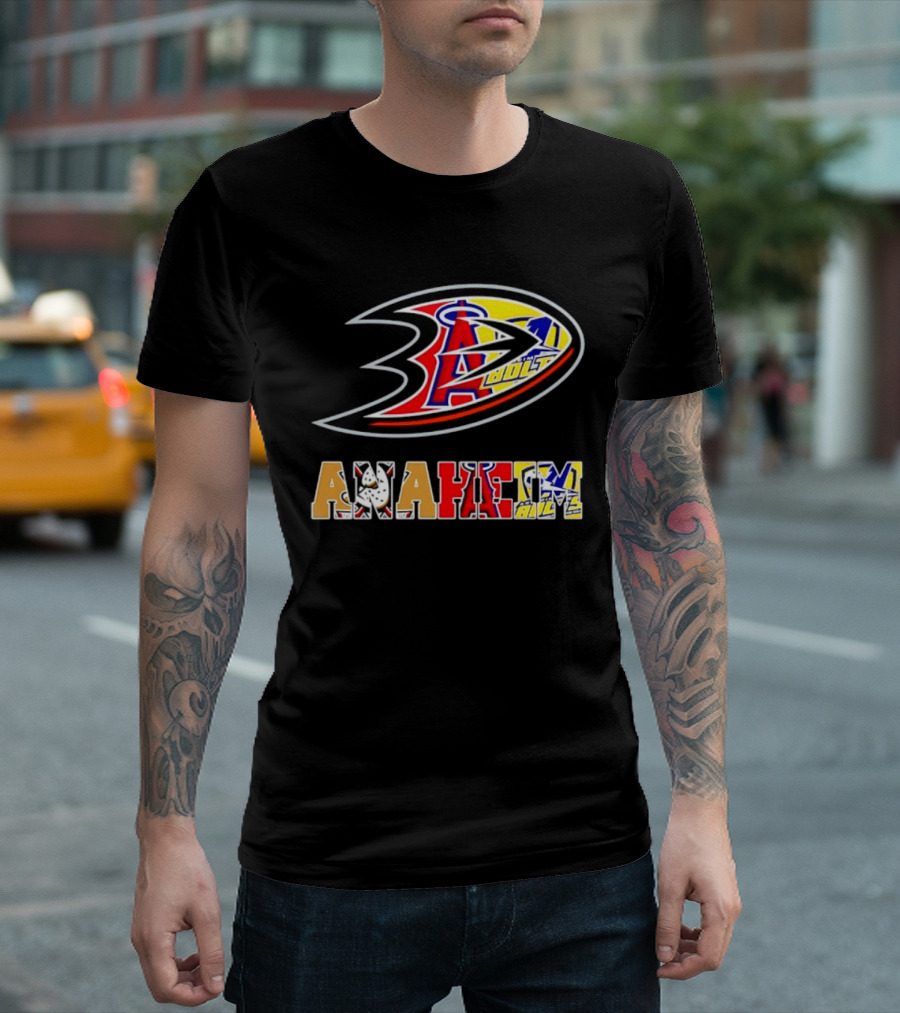 Anaheim Ducks Los Angeles Angels Anaheim Bolts Collage Anaheim Text And Logos T-Shirt