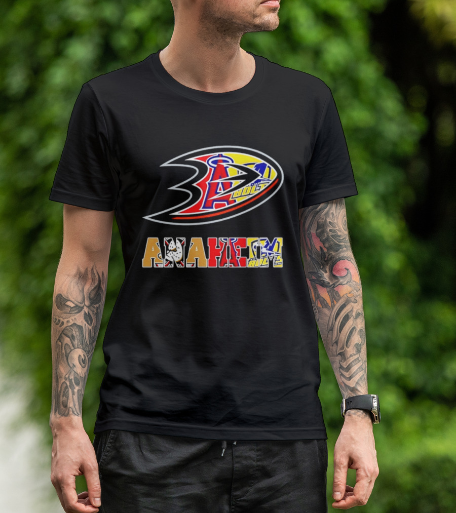 Anaheim Ducks Los Angeles Angels Anaheim Bolts Collage Anaheim Text And Logos T-Shirt