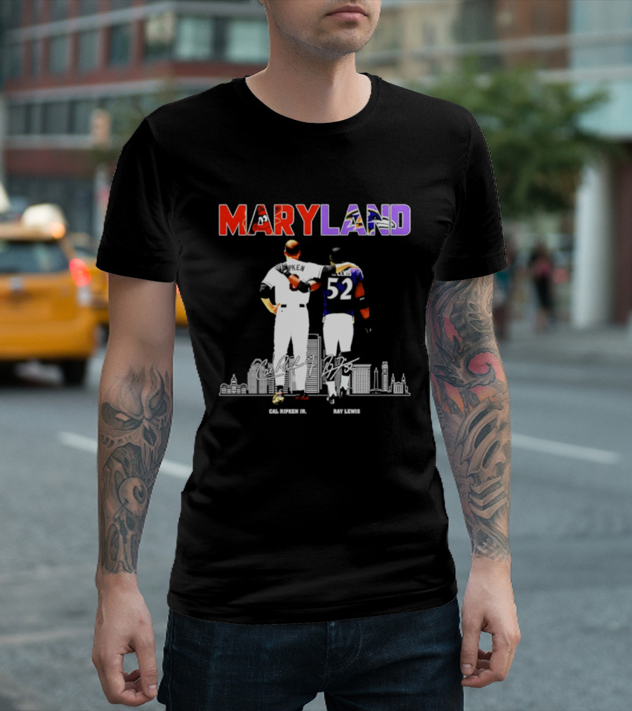 Maryland Cal Ripken Jr 8 Baltimore Orioles Ray Lewis 52 Baltimore Ravens Skyline T-Shirt
