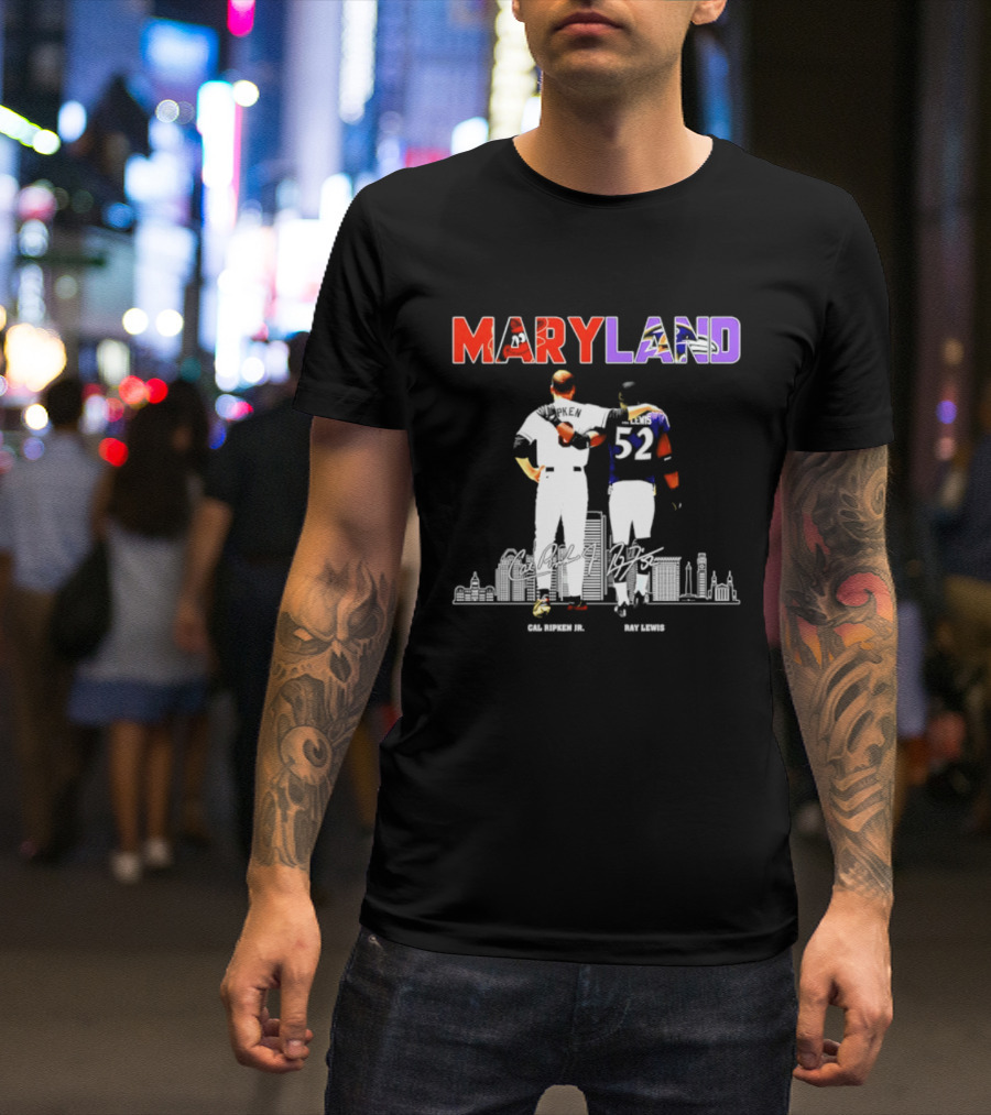 Maryland Cal Ripken Jr 8 Baltimore Orioles Ray Lewis 52 Baltimore Ravens Skyline T-Shirt