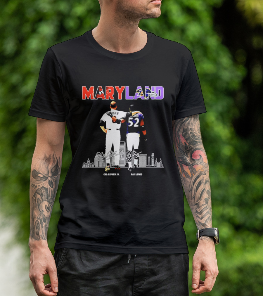 Maryland Cal Ripken Jr 8 Baltimore Orioles Ray Lewis 52 Baltimore Ravens Skyline T-Shirt