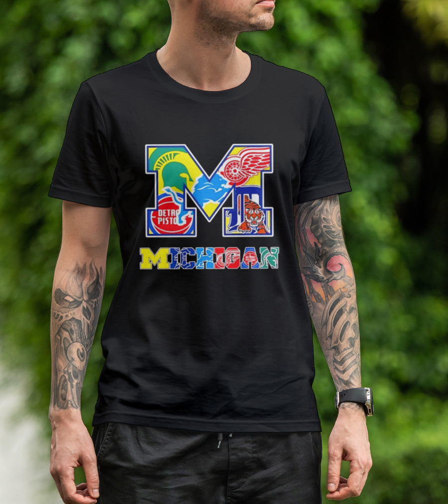Michigan Detroit Pistons Red Wings Tigers Lions Wolverines Icons M T-Shirt