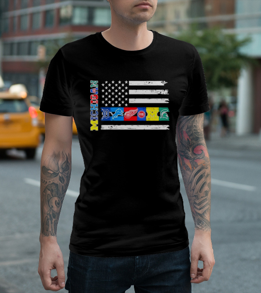 Michigan Detroit Tigers Lions Red Wings Pistons Wolverines Spartans Flag Sports Team Pride T-Shirt