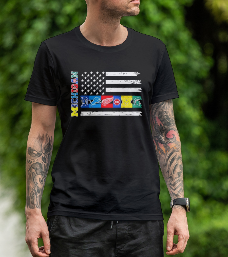 Michigan Detroit Tigers Lions Red Wings Pistons Wolverines Spartans Flag Sports Team Pride T-Shirt