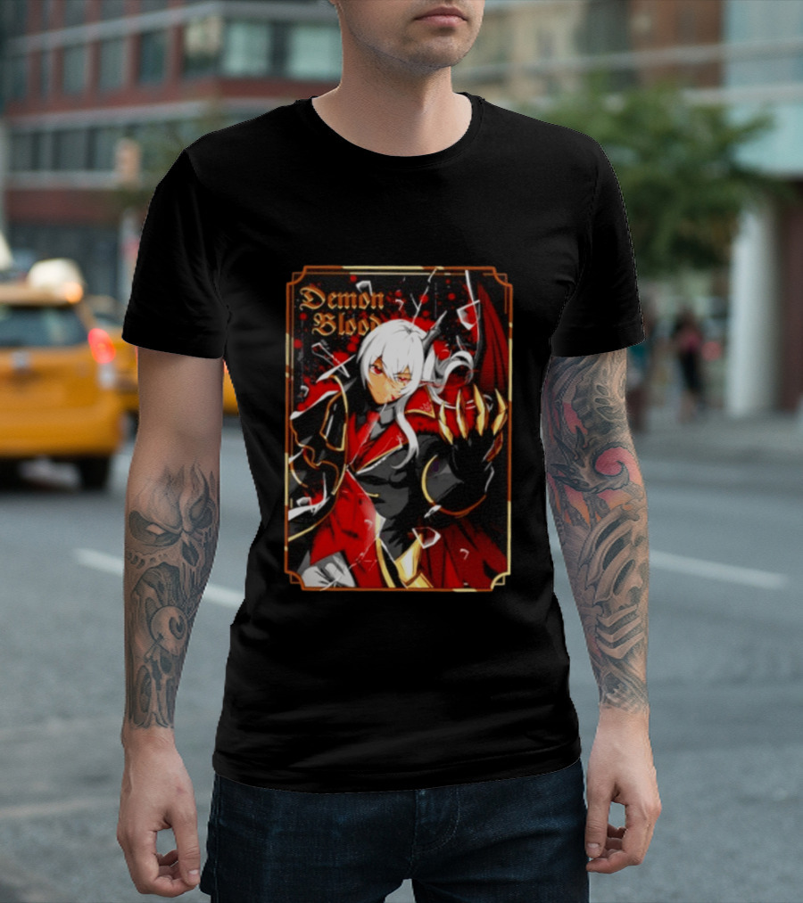 Demon Blood Anime Fantasy Dark Character Design With White Hair And Red Accents T-Shirt