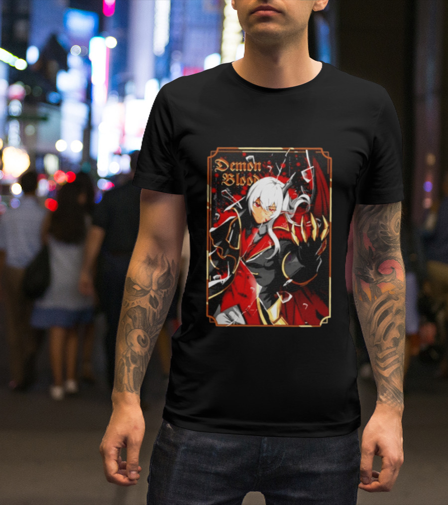 Demon Blood Anime Fantasy Dark Character Design With White Hair And Red Accents T-Shirt