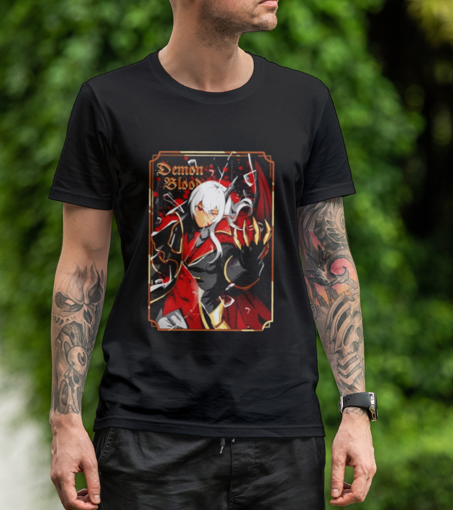 Demon Blood Anime Fantasy Dark Character Design With White Hair And Red Accents T-Shirt