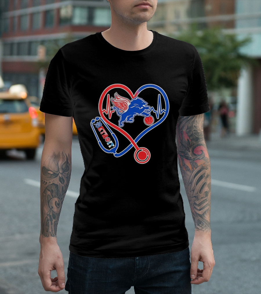 Detroit Heartbeat Stethoscope Lion Playing Basketball T-Shirt