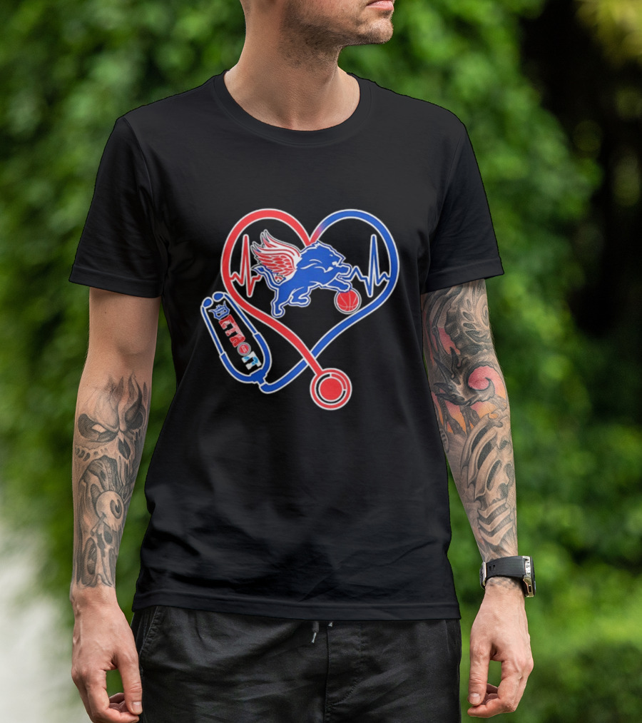 Detroit Heartbeat Stethoscope Lion Playing Basketball T-Shirt