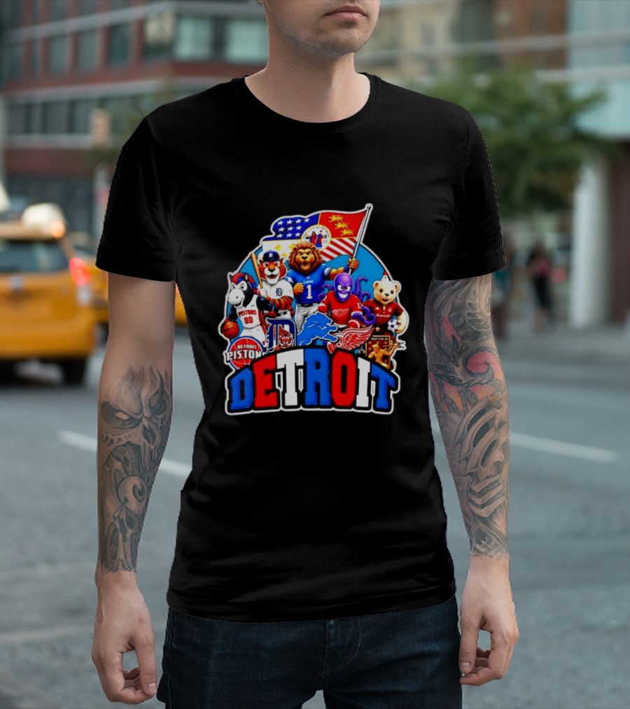 Detroit Lions Tigers Pistons Red Wings Mascots With Flag T-Shirt