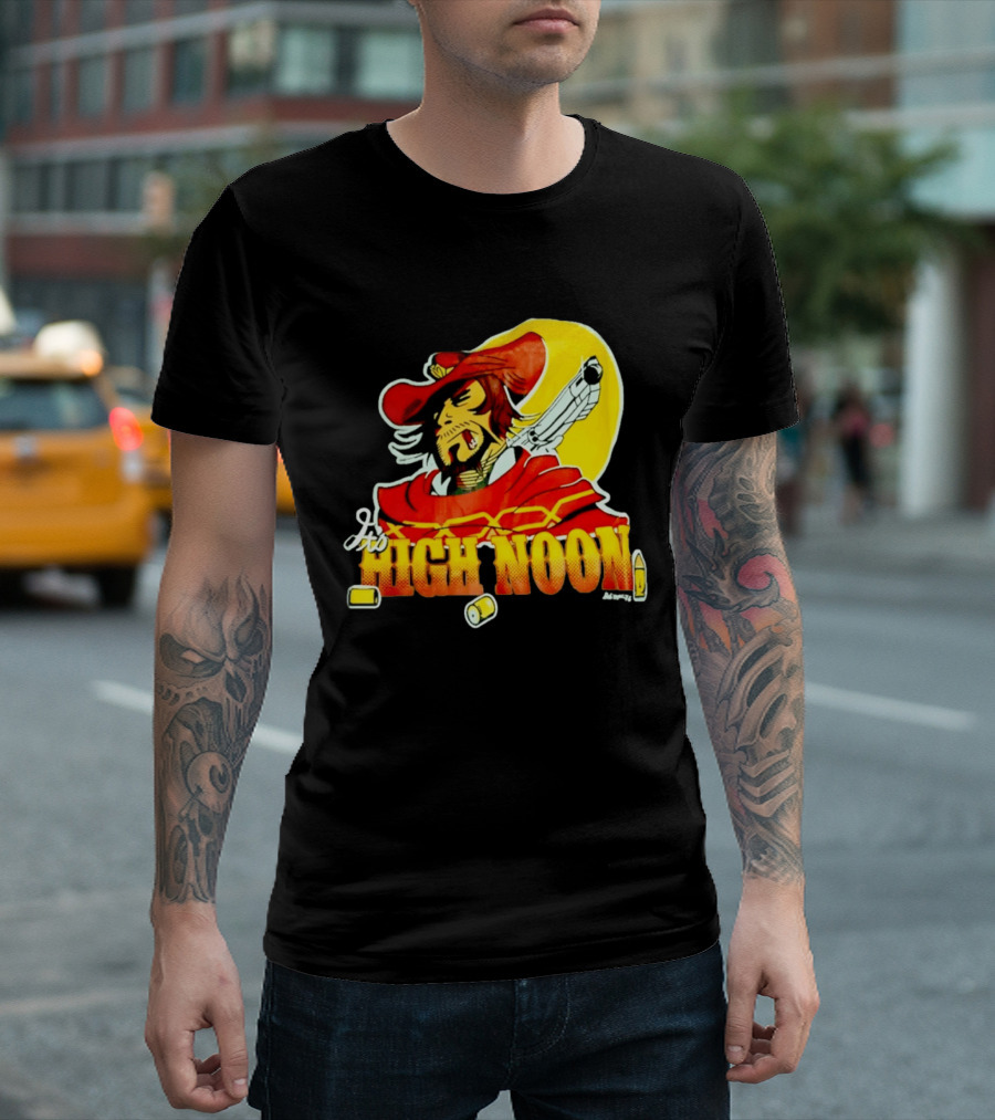 It's High Noon Cowboy With Red Cape And Pistol In Front Of Yellow Sun T-Shirt