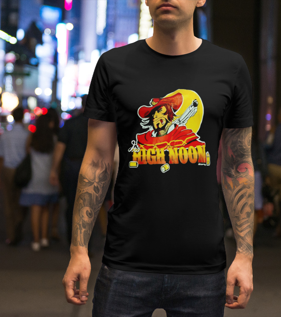 It's High Noon Cowboy With Red Cape And Pistol In Front Of Yellow Sun T-Shirt