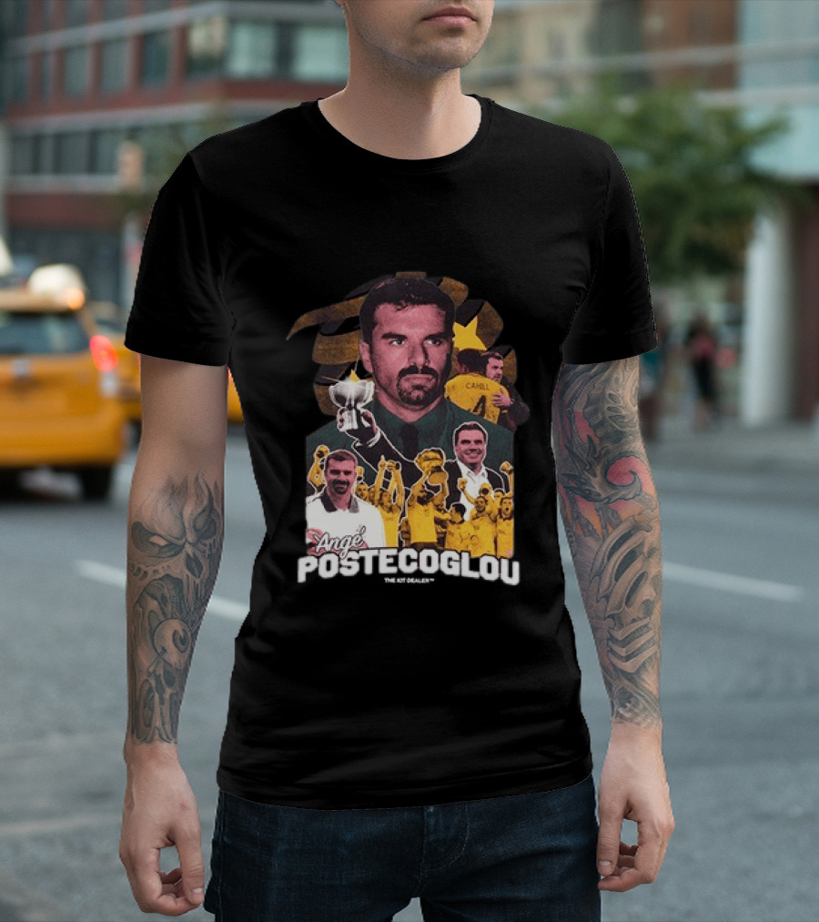 Ange Postecoglou Celebratory Moments With Trophy And Team T-Shirt