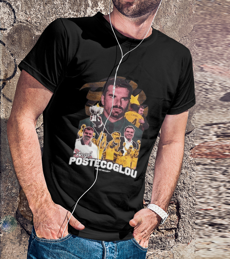 Ange Postecoglou Celebratory Moments With Trophy And Team T-Shirt
