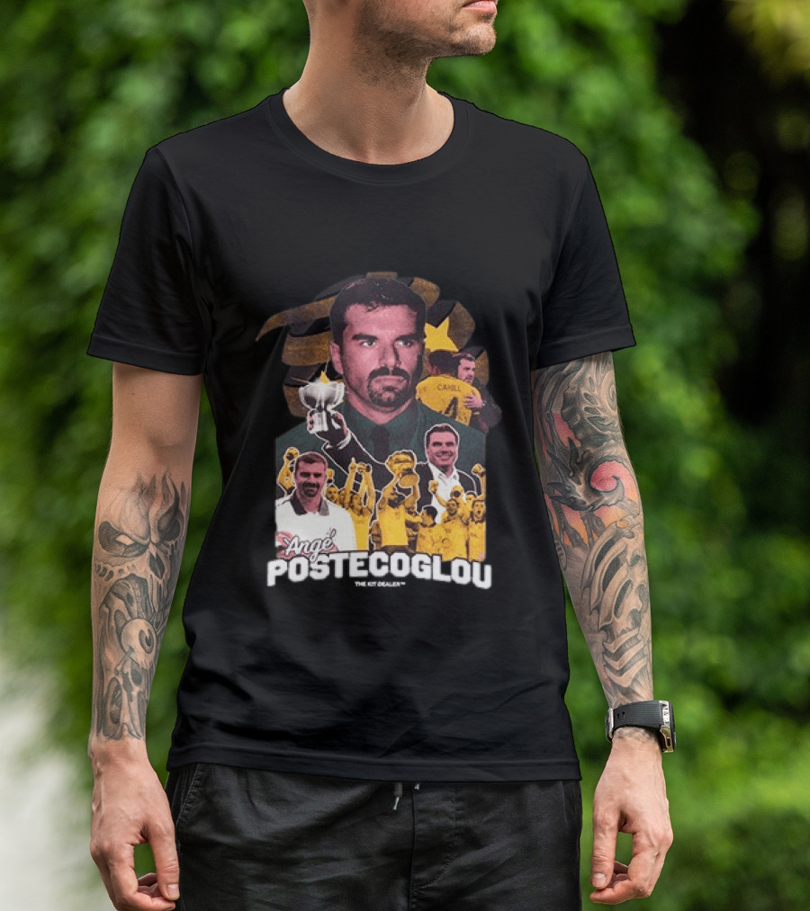 Ange Postecoglou Celebratory Moments With Trophy And Team T-Shirt