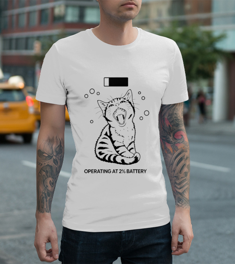 Tired Kitten Yawning Operating At 2% Battery T-Shirt