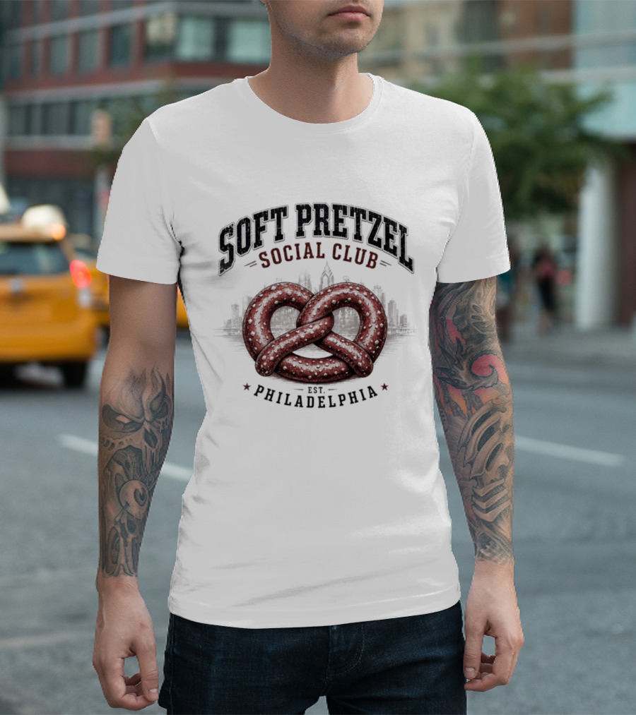 Soft Pretzel Social Club Philadelphia Skyline Est. Philadelphia T-Shirt