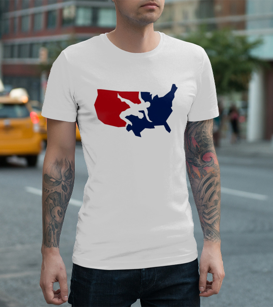 USA Wrestling Map Silhouette Red Blue T-Shirt