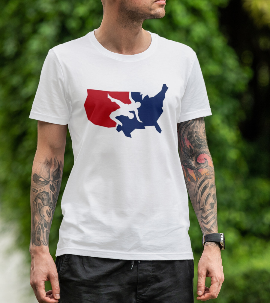 USA Wrestling Map Silhouette Red Blue T-Shirt