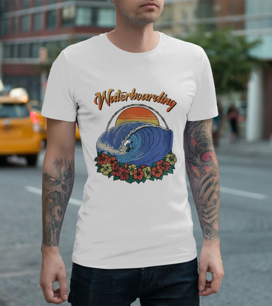 Waterboarding Surfing Tropical Hibiscus Flower Sunset Wave T-Shirt