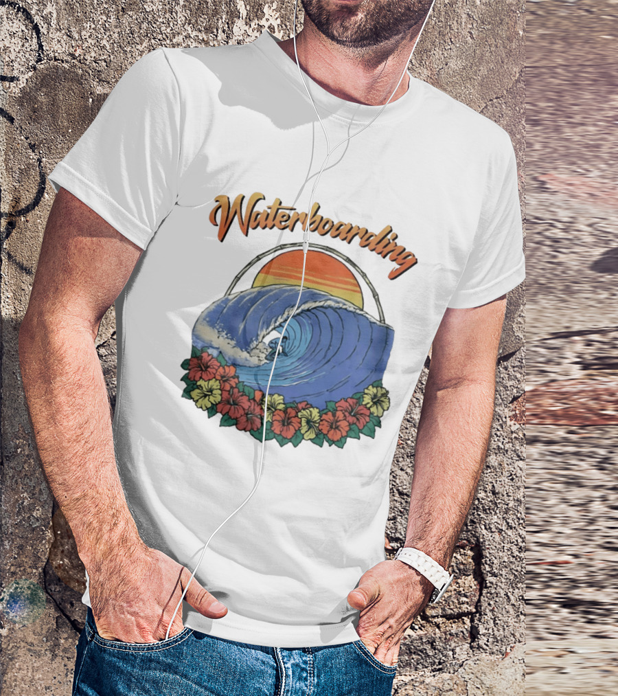 Waterboarding Surfing Tropical Hibiscus Flower Sunset Wave T-Shirt