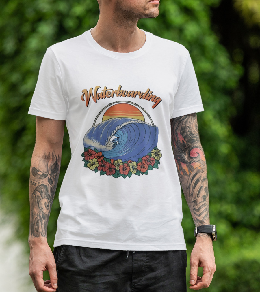 Waterboarding Surfing Tropical Hibiscus Flower Sunset Wave T-Shirt