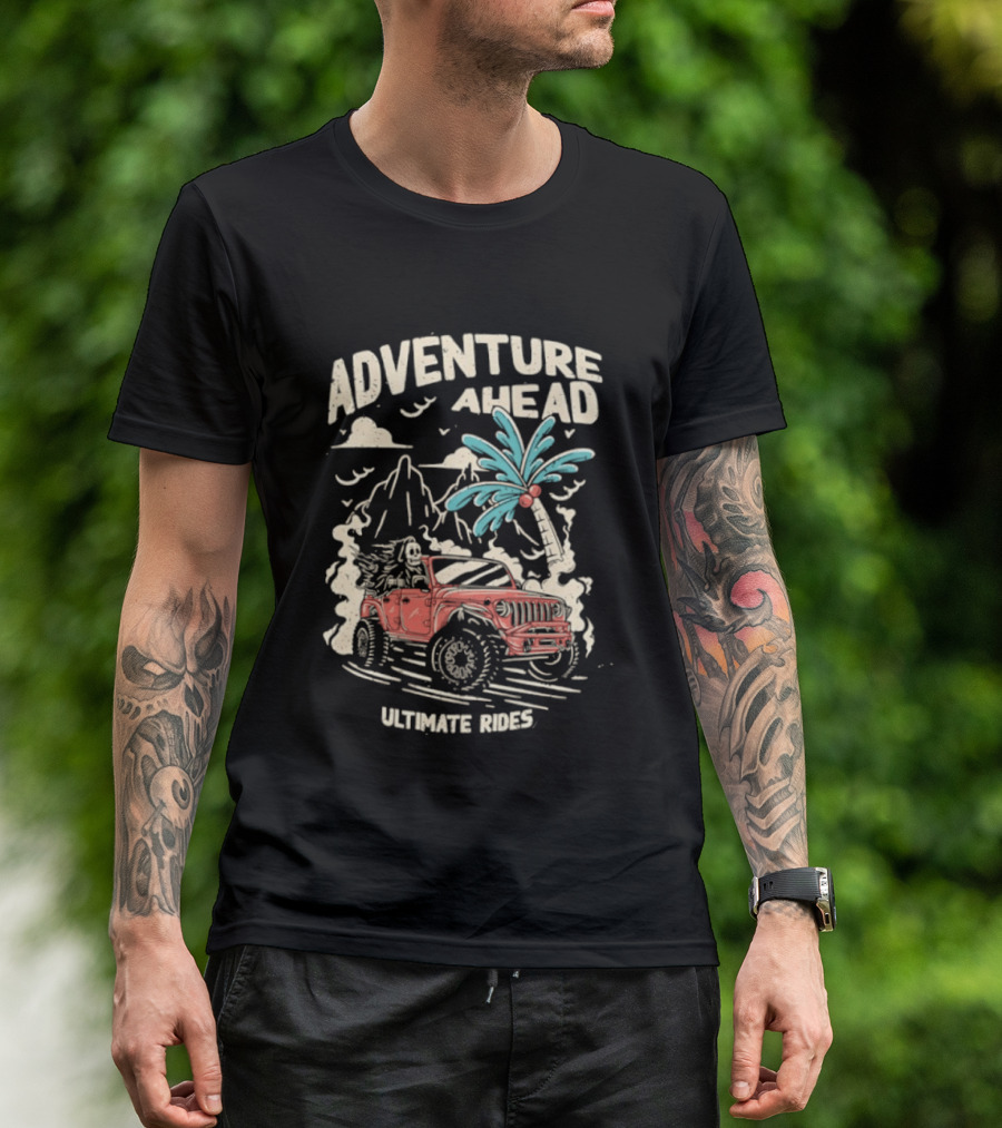 Adventure Ahead Ultimate Rides Jeep Beach Palm Trees Mountain T-Shirt