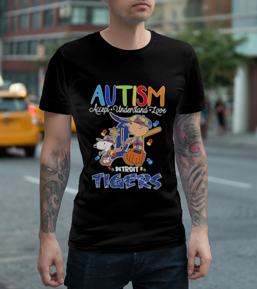 Autism Accept Understand Love Snoopy Charlie Brown Detroit Tigers T-Shirt