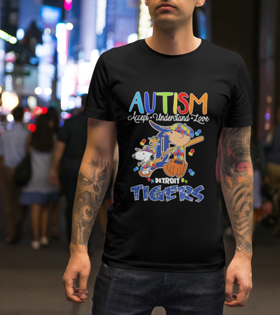 Autism Accept Understand Love Snoopy Charlie Brown Detroit Tigers T-Shirt