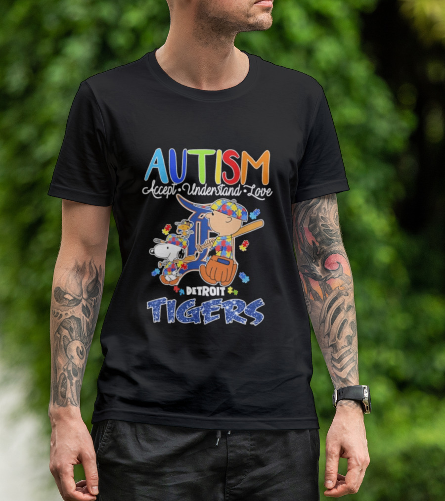 Autism Accept Understand Love Snoopy Charlie Brown Detroit Tigers T-Shirt