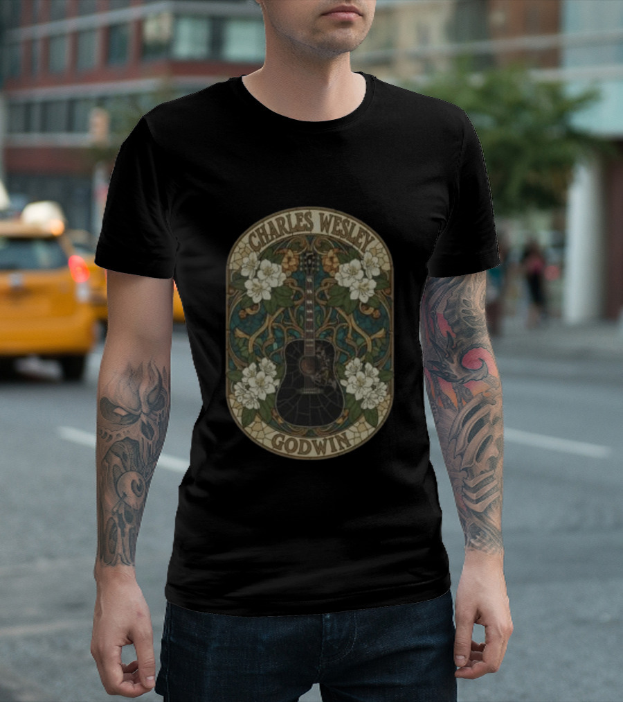 Charles Wesley Godwin Guitar Floral Art Nouveau Style With White Flowers T-Shirt