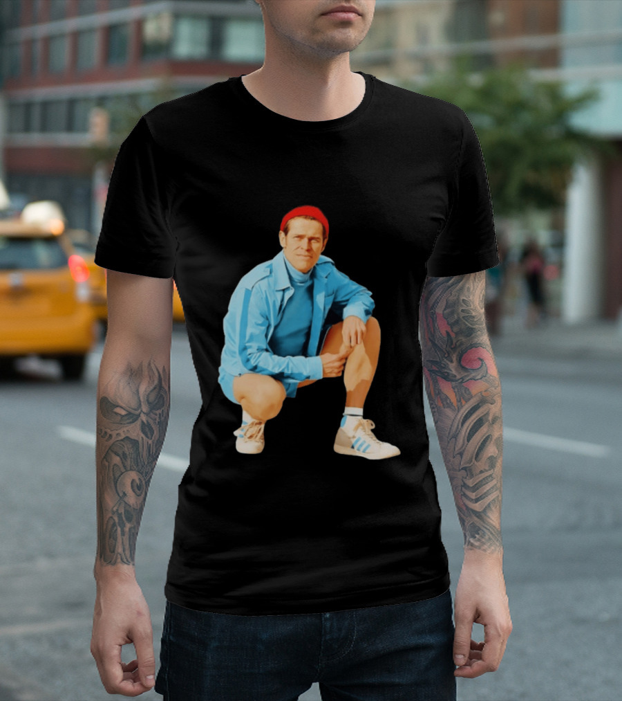 Klaus Willem Dafoe Retro Style With Red Beanie And Blue Tracksuit T-Shirt